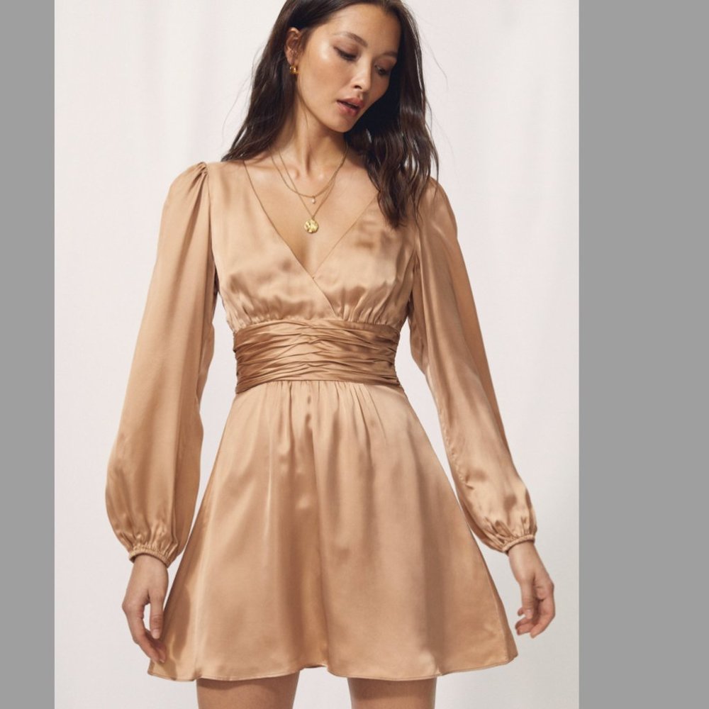 Aritzia Wilfred Rhythm gold satin mini dress